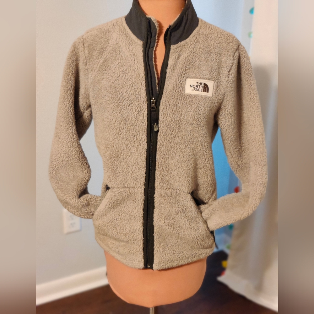 North Face Full Zipper Sherpa Teddy Bear Jacket Khaki Gray Boy L/Women XS-S